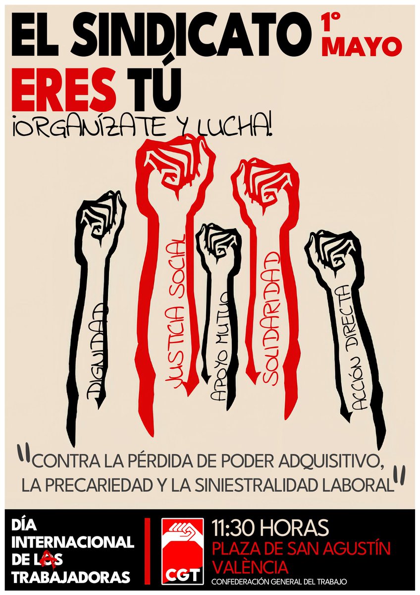 CGTvalencia's tweet photo. #1Mayo manifestación contra la pérdida de poder adquisitivo, la precariedad y la siniestralidad laboral. Conciertazo con @losdemarras #LosdeMarras y @ORKESTAPARAISO #OrkestaParaiso #CGT #Valencia https://t.co/0xd1kd9snp