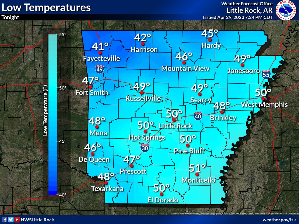 NWSLittleRock's tweet photo. Low temperatures tonight will be in the lower 40s to lower 50s. Sunday will be dry with highs in the mid 60s to mid 70s. #arwx https://t.co/4absWH3ts4
