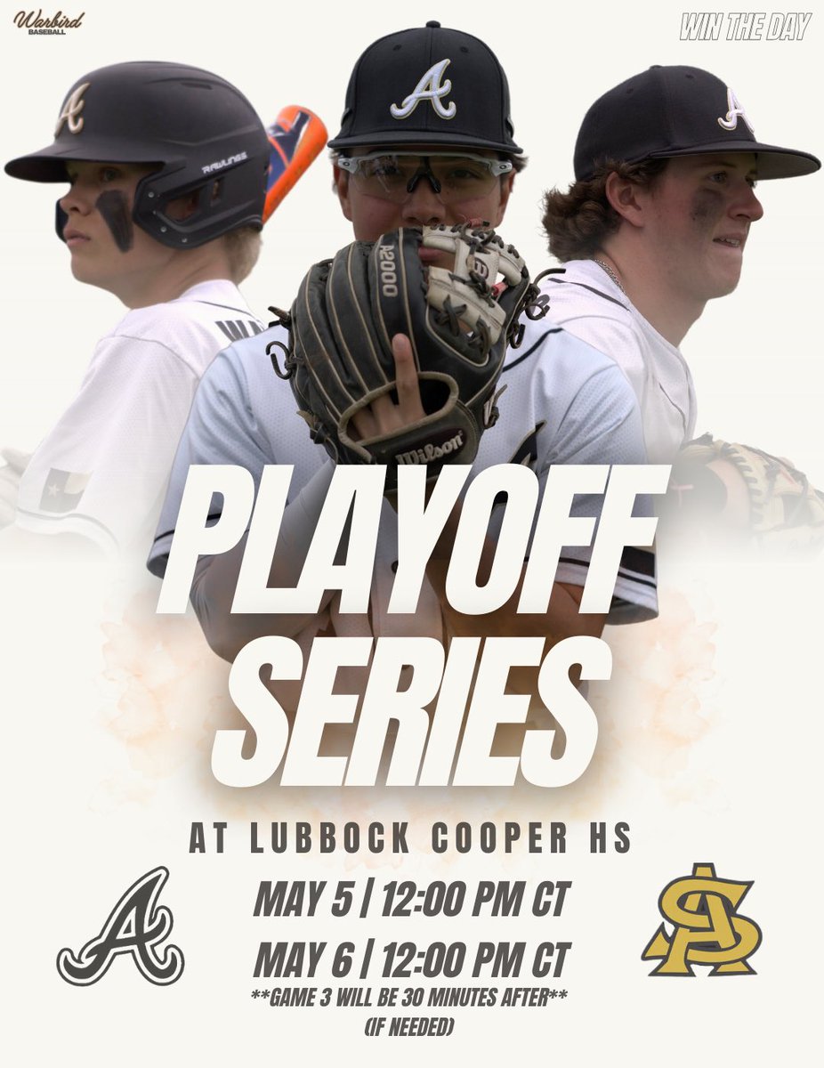 WarbirdBaseball's tweet photo. Bi-District Playoff Series (Best of 3)

🆚 Amarillo High

GAME 1
📅 Friday 5/5
⌚️ 12:00 PM

GAME 2
📅 Saturday 5/6
⌚️ 12:00 PM

GAME 3 (If Needed)
📅 Saturday 5/6
⌚️ 30 MIN AFTER GAME 2

📍Pirate Stadium - Lubbock Cooper HS

#WTD | #EagleBaseball⚾️ https://t.co/XzXapZZSUe