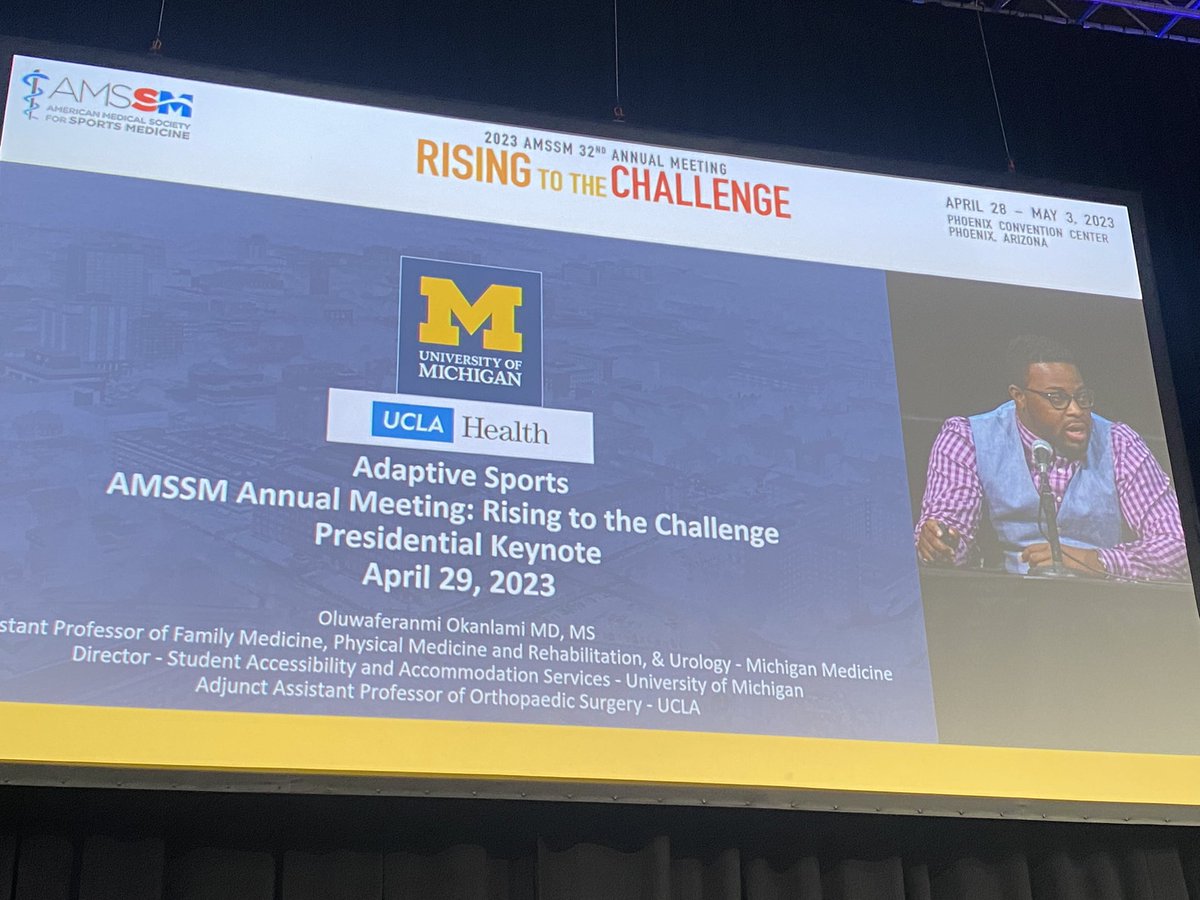 TheAMSSM's tweet image. Thank you to Dr. Feranmi @Okanlami for giving the Presidential Keynote Lecture on Adaptive Sports to conclude the opening session at #AMSSM2023.