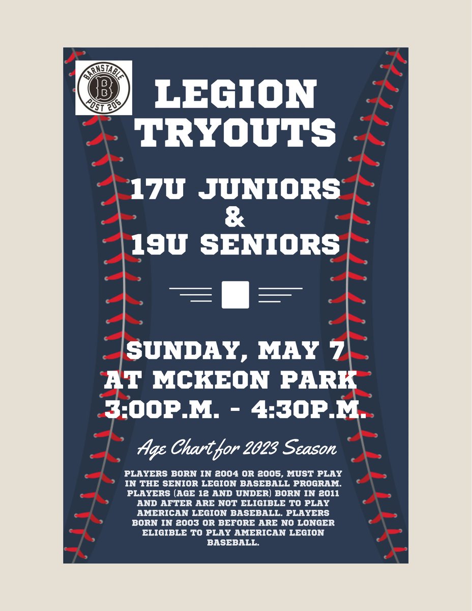 post206baseball's tweet image. 19U &amp;amp; 17U Legion Baseball Tryout for Barnstable Post 206 teams is Sunday May 7th 3:00pm - 4:30pm (Report time is 2:30pm) Nauset, Monomoy, DY, CCA, SJP, and Barnstable players are welcome to tryout! 120 High School Road Hyannis (McKeon Park)