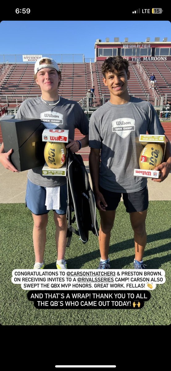 ThatcherCarson's tweet photo. Honored to be named Wilson Rivals QBX MVP, Accuracy MVP, and invited to the Rivals Showcase! @CoachWeber62 @kcef35 @Tana_Vea @ToledoQBs @CoachMondt @LOGGER_LBCOACH @CoachDBenoit @Taylor_Kelly10 @BlairAngulo @CoachDiCenzo @CoachRosenbaum @CoachLapuaho @LukeSchleusner @BrandtReese3 https://t.co/g4JMeJZmNC