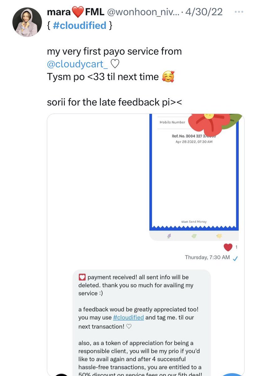 kloudyservices's tweet photo. today marks the 1 year anniversary of my very first feedback for my lending service 🥺🫶🏻

and to celebrate, i will giveaway ₱1000 to be split by 2 winners, so ₱500 each!

just rt this &amp; follow me 🫶🏻💖

thank youuu to all my clients!! cheers to more successful transactions! 🥂🎉 https://t.co/iza8xdj41Z