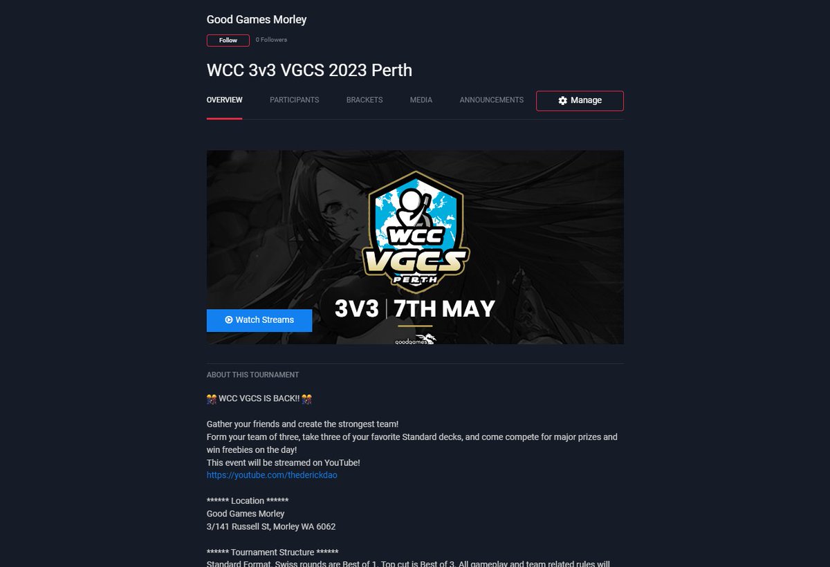 The registration for WCC 3v3 VGCS Perth is UP! 📈
battlefy.com/good-games-mor…

Register your team for the event next week. You can edit the fields for deck log codes until the check-in time of the event day.