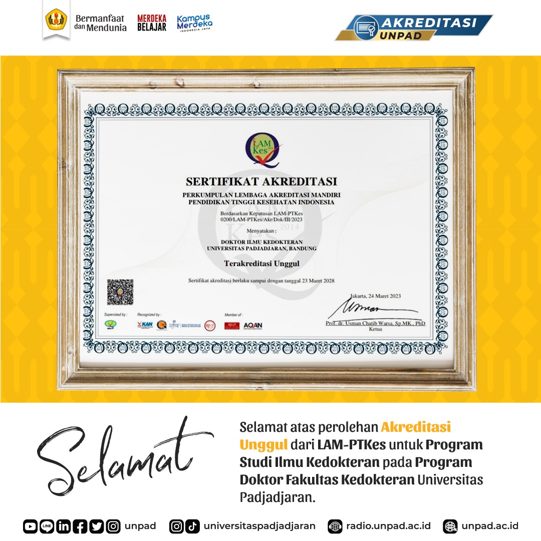 unpad's tweet photo. Selamat atas perolehan akreditasi Unggul dari LAM-PTKes untuk Program Studi Ilmu Kedokteran pada Program Doktor Fakultas Kedokteran Universitas Padjadjaran.
#AkreditasiUnpad
#FKUnpad
#Unpad
#UniversitasPadjadjaran https://t.co/56Urifc3Rv