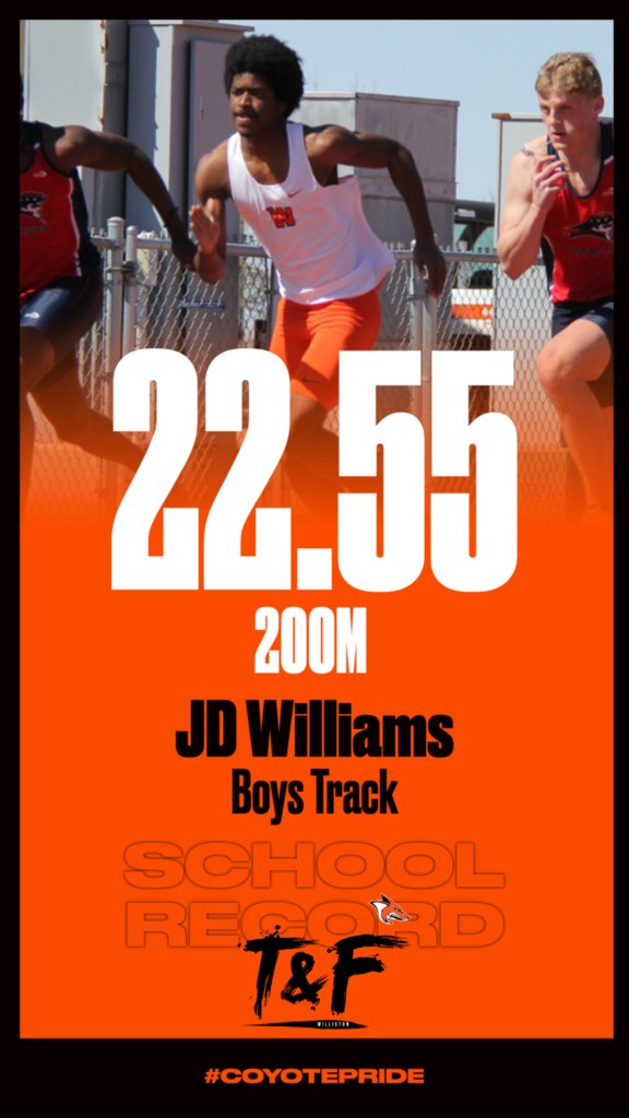 NEW SCHOOL RECORD!
Congratulations to JD Williams for setting a new school record in the 200M with a time of 22.55.

Previous record was 22.63 set in 1989 by Dalton Kimball