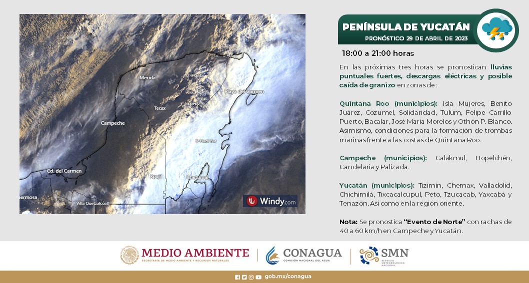 ((ACTUALIZACIÓN)) La <a href="/conagua_clima/">CONAGUA Clima</a> informa que para municipios de  #QuintanaRoo, se prevén 🌧️#Lluvias puntuales fuertes, ⛈️descargas ⚡eléctricas y posible caída de 🌨️granizo, en diferentes zonas del Estado.

#ProtecciónCivil  #UnidosParaTransformar