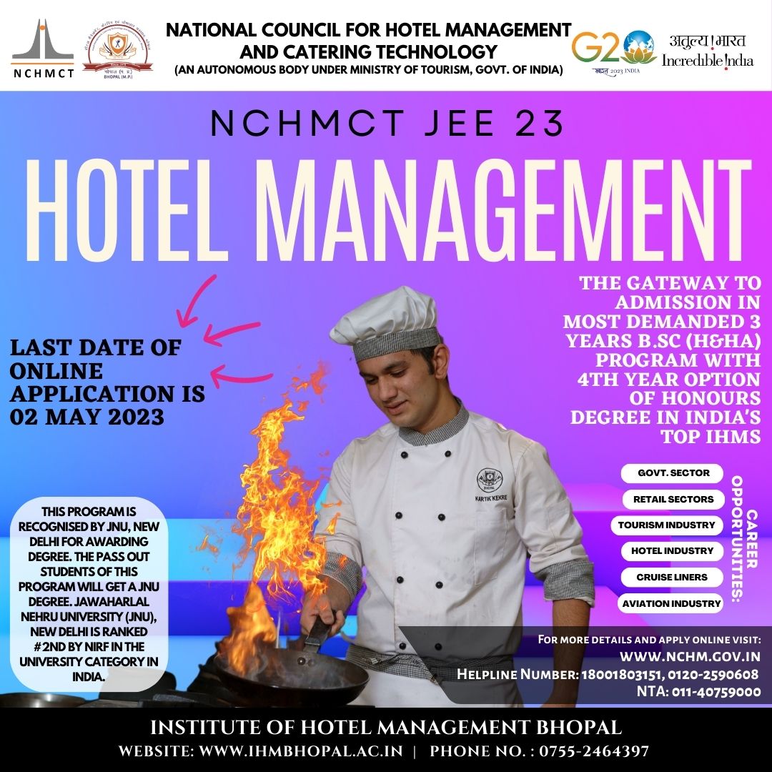 Boost your career with a hospitality degree from Jawaharlal Nehru University by enrolling yourself at IHMs under NCHMCT.  Apply Now: nchm.nic.in #NCHMJEE #NCHMJEE2023 #IHM #NCHMCT <a href="/nchm_noida/">National Council for Hotel Mgmt & Catering Tech</a> <a href="/tourismgoi/">Ministry of Tourism</a> <a href="/MPTourism/">Madhya Pradesh Tourism</a>