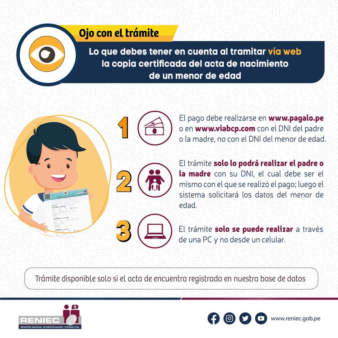 ReniecPeru's tweet photo. #OjoConElTrámite | Ten en cuenta estas recomendaciones para tramitar vía web la copia certificada del acta de nacimiento de un menor de edad. https://t.co/1s836h3Wzn