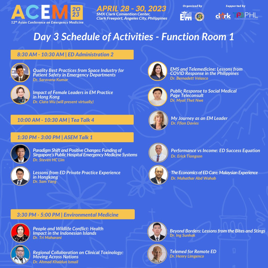 ACEM2023's tweet photo. It's the last day of ACEM 2023!

Don't miss the chance to attend these insightful presentations today and be part of the most vital emergency medicine conference in Asia at the SMX Clark, Pampanga and online.

#ACEM2023 #EmergencyMedicine #12thACEM #ClarkPhilippines #GlobalHealth https://t.co/OPvCBhaS5N