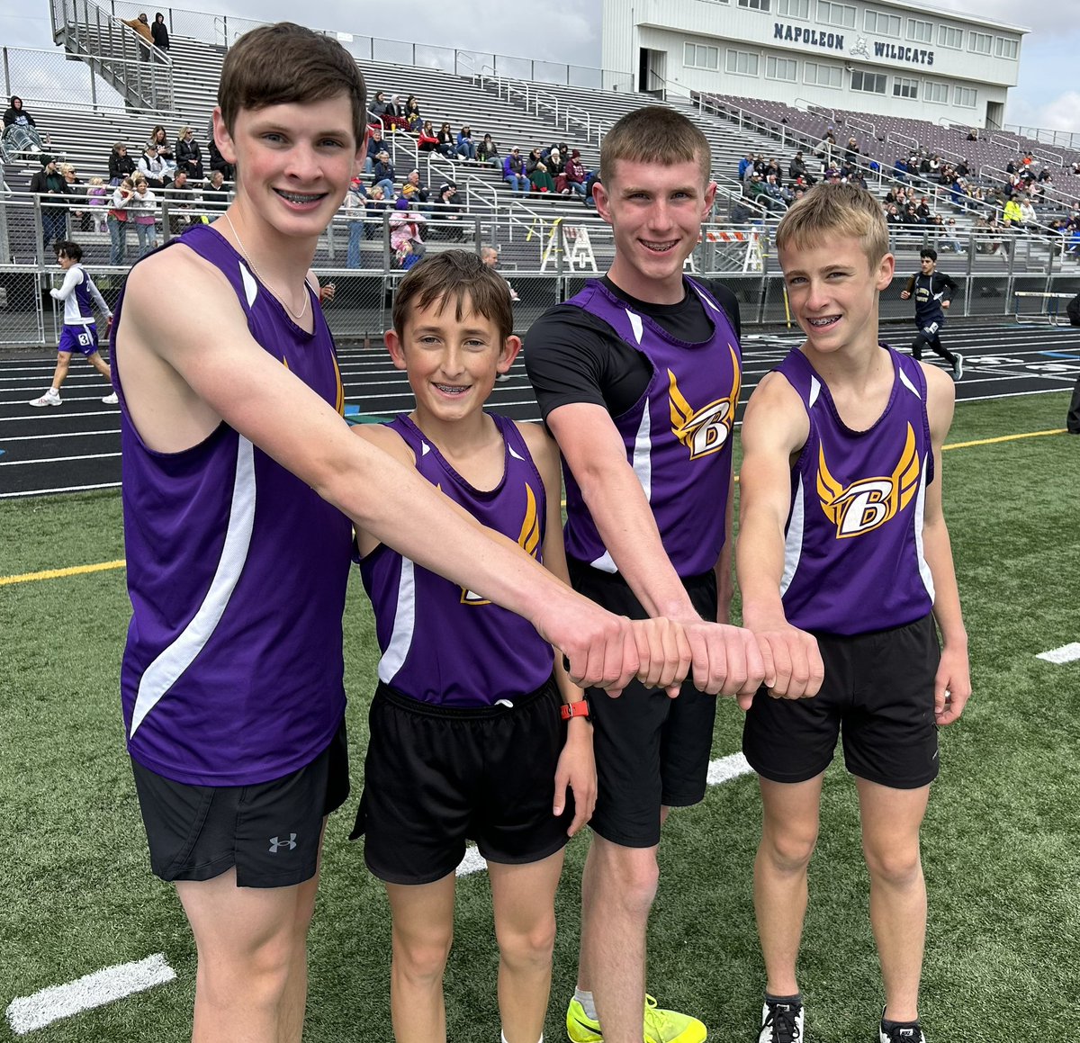 Bryan_JHXC's tweet photo. The 4x800 team of Elijah Cummins, Malaki Neilson, Spencer Woodward, &amp; Jeremiah Taylor broke their own Bryan MS record and the Napoleon MS Invite meet record with a time of 9:14.36. Go Bears! #BryanBuilt https://t.co/09D4jeDEad