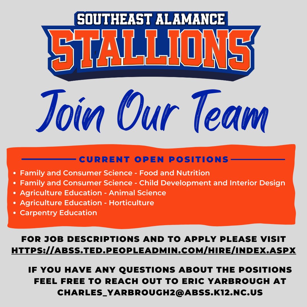 SEHS_Stallions's tweet photo. Join our team at Southeast Alamance High School.  Apply for 2023-2024 positions now.  You can learn more about the positions and apply at the link below.

https://t.co/i1LFf6ZOrj https://t.co/DU67Z85kkn