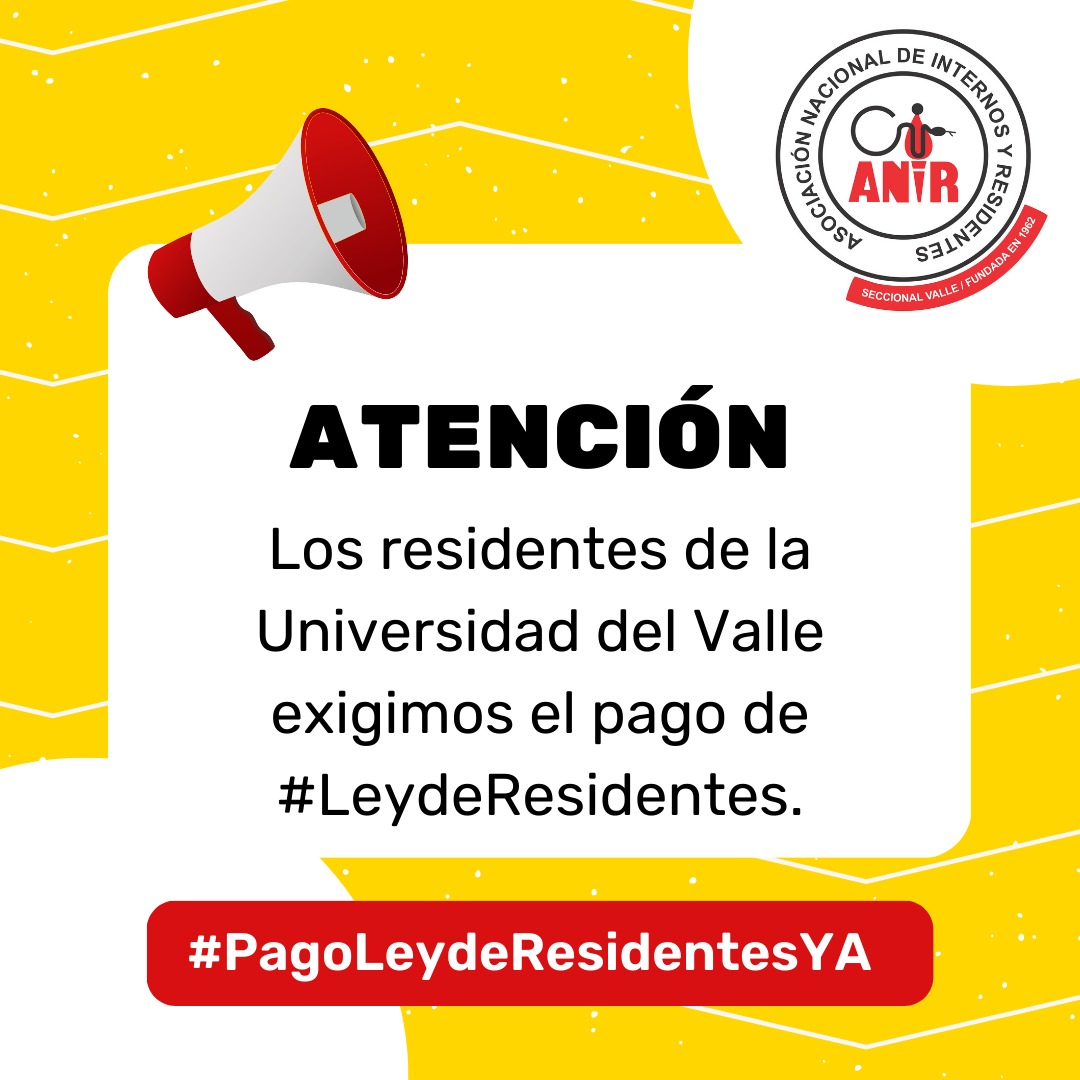 ANIR SECCIONAL VALLE (@anirvalle) on Twitter photo Hasta el momento ningún residente de la Universidad del Valle ha recibido el pago correspondiente al mes de marzo.
¡Exigimos el pago! <a href="/MinSaludCol/">MinSalud Colombia 🇨🇴</a> <a href="/AdresCol/">ADRES</a>
#PagoLeydeResidentesYA
#nomasretrasos
@anirnacional <a href="/anirantioquia/">ANIR Antioquia</a> @anircaldas @anircauca Hasta el momento ningún residente de la Universidad del Valle ha recibido el pago correspondiente al mes de marzo.
¡Exigimos el pago! <a href="/MinSaludCol/">MinSalud Colombia 🇨🇴</a> <a href="/AdresCol/">ADRES</a>
#PagoLeydeResidentesYA
#nomasretrasos
@anirnacional <a href="/anirantioquia/">ANIR Antioquia</a> @anircaldas @anircauca
