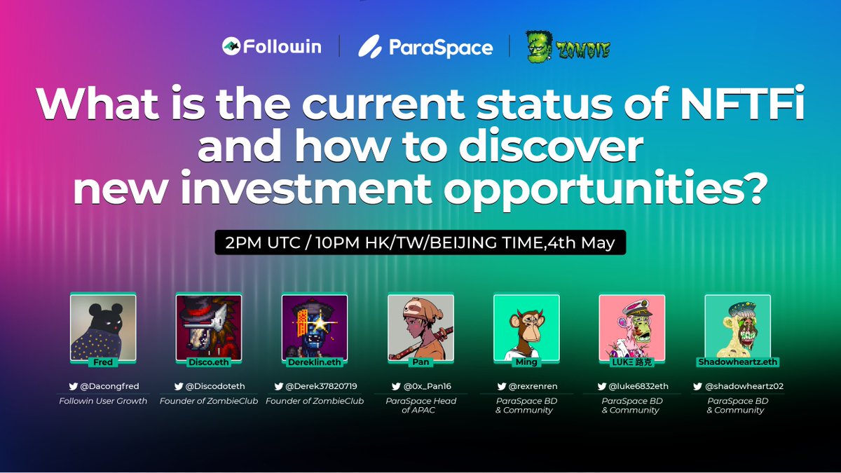 🎥Upcoming #Followin Space

👏Join us soon #TwitterSpace co-host by <a href="/get_turned/">ZombieClub</a> and @ParaSpace_CN along with our guests @Dacongfred  <a href="/Discodoteth/">Disco.eth</a> <a href="/Derek37820719/">dereklin.eth🧟‍♂️</a> <a href="/0x_Pan16/">0xPan</a> @rexrenren <a href="/Luke6832eth/">LUKΞ ⟠💎⚡️⛩️</a> <a href="/shadowheartz02/">Shadowheartz.eth</a> 

🗓️ 2PM UTC/ 10PM TW/BEIJING TIME, 4th May 
x.com/i/spaces/1YqKD…