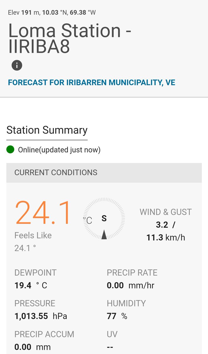 #29Abr Noche calurosa para la hora en Barquisimeto, la temperatura por encima de 24°C... Y se asoma un inicio de Mayo, estable, soleado y caluroso... Así que toca esperar un ratico más, las noches frías de la ciudad 🏙️🥲🥵
Datos EMA:
IIRIBA7 (Este)
IIRIBA8 (Oeste)