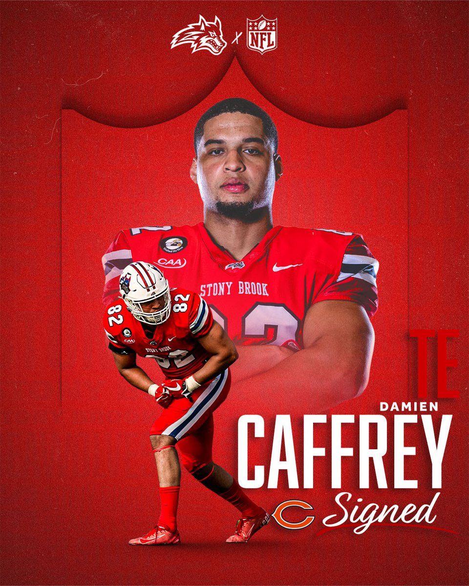 StonyBrookFB's tweet photo. 𝐒𝐈𝐆𝐍𝐄𝐃 ✍️

We’re so proud of our guy @damiencaffrey on signing a contract with the @ChicagoBears!

🌊🐺 x #ProWolves x @NFL https://t.co/TnWrtVNUsI