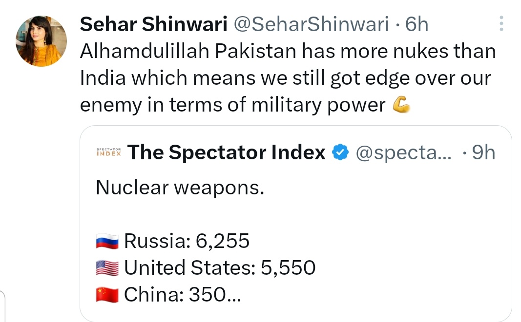 Zaira_Nizaam's tweet photo. No of cities in India - 4000
No of nukes with Pakistan - 165

No of cities in Pakistan - 158
No of nukes with India - 156

Only PoK and Baluchistan will be spared. https://t.co/kXPjPzO2FV