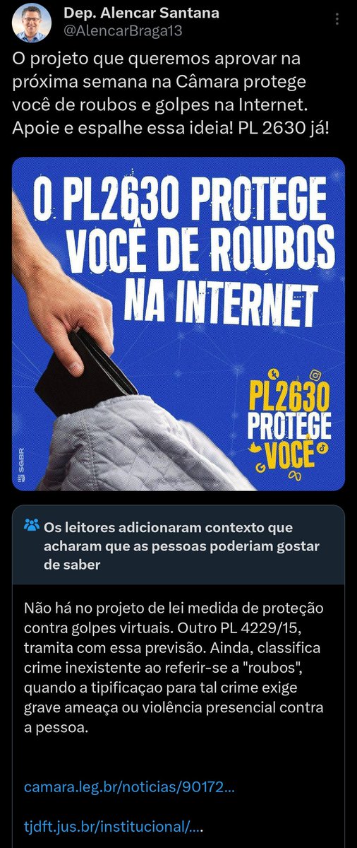 🚨NOVA CHECAGEM: O deputado Alencar Santana, do PT, foi checado pelo Twitter por disseminar fake news sobre o PL 2630, que teoricamente visa acabar com as fake news