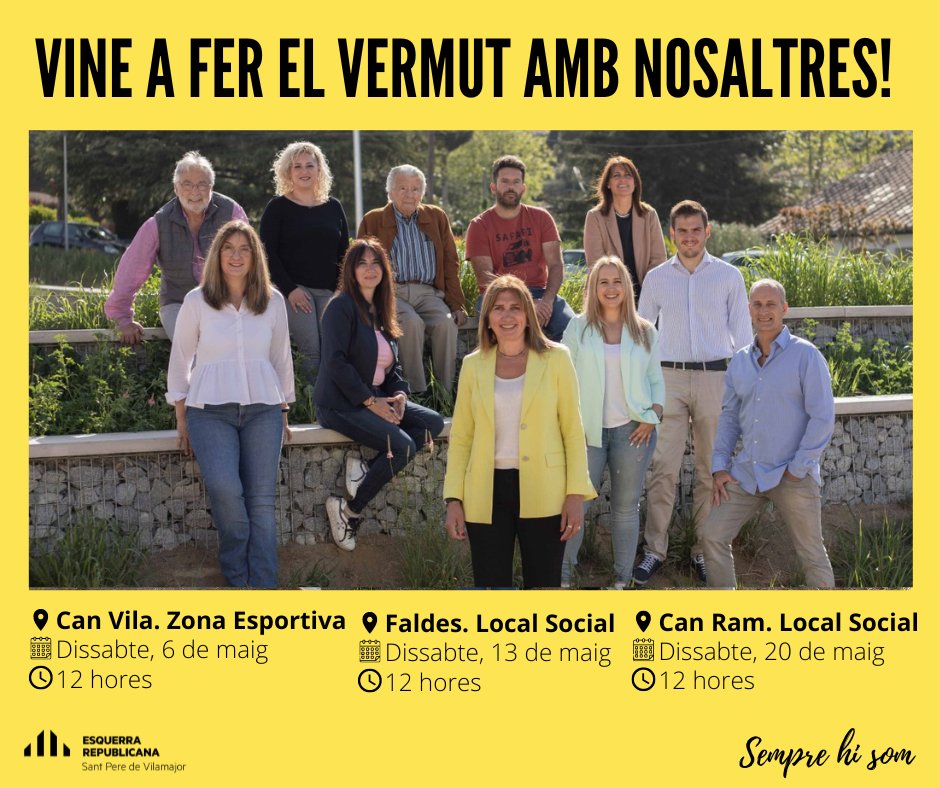 ErcStpere's tweet photo. 📢 Vine a fer el vermut amb nosaltres!

Podràs conèixer l'equip d'Esquerra Republicana de Sant Pere de Vilamajor que acompanyarà la Pamela el proper 28 de maig.

📍 Can Vila.
🗓️ Dissabte, 6 de maig

📍 Les Faldes
🗓️ Dissabte, 13 de maig

📍 Can Ram
🗓️ Dissabte, 20 de maig https://t.co/zQY4gWNCRb