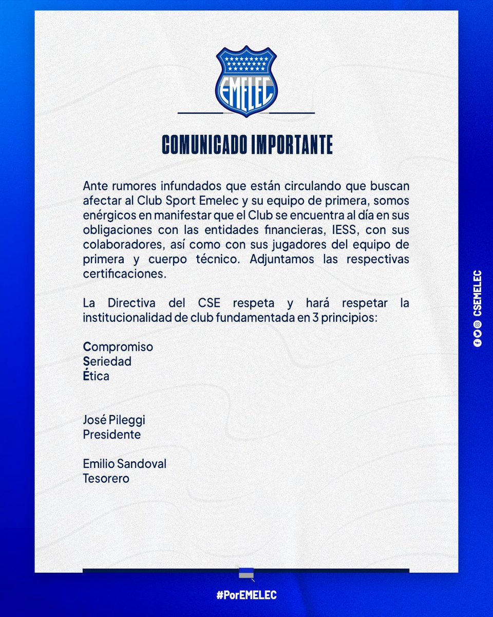 CSEmelec's tweet photo. 📄 Comunicado Importante

#PorEmelec #SiempreJuntos🤜🏻🤛🏻⚡