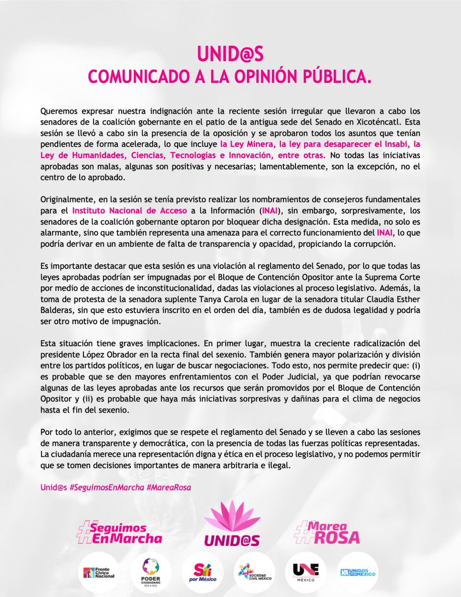 SocCivilMx's tweet photo. *Por favor suscribe, comenta y comparte. Gracias 🙏
—————————-

A los Grupos Parlamentarios en el Senado de la República:

@gpplural
@SenadoresdelPAN
@SenadoresPRD
@SenadoPRI
@BancadaNaranjaS
@MorenaSenadores
@PESSenado
@VerdeSenadoMex 

Exigimos que se respete el reglamento del Senado y se lleven a cabo las sesiones de manera transparente y democrática, con la presencia de todas las fuerzas políticas representadas. La ciudadanía merece una representación digna y ética en el proceso legislativo, y no podemos permitir que se tomen decisiones importantes de manera arbitraria e ilegal.

cc:

@WeraReynoso @damianzepeda @EstrellaRojasL @GinaCruzBC @Indira_rs @IGCabezadeVaca @jalfredobotello @ErandiBermudez @JosefinaVM @TMartinDelCampo @julenrementeria @kenialopezr @LillyTellez @LupitaSaldana_ @MayuliMtzSimon @minervahdezmx @Nadia_NavarroA @robertomoyac @VictorFuentesNL @XochitlGalvez 
@CarlosAceves_ @ClaudiAnaya @manuelanorve @eruviel_avila @sylbeltrones @angelgarciaya @Veronica_mtz @Nuvia_Mayorga @osoriochong @BeatrizPRangel_ @jc_ramirezmarin @ruizmassieu @MarioZamoraG 
@EmilioAlvarezI @Nancydelasa @ALEJANLEON @GustavoMadero 
@jmfocil @ManceraMiguelMX @AntonioGC_PRD
