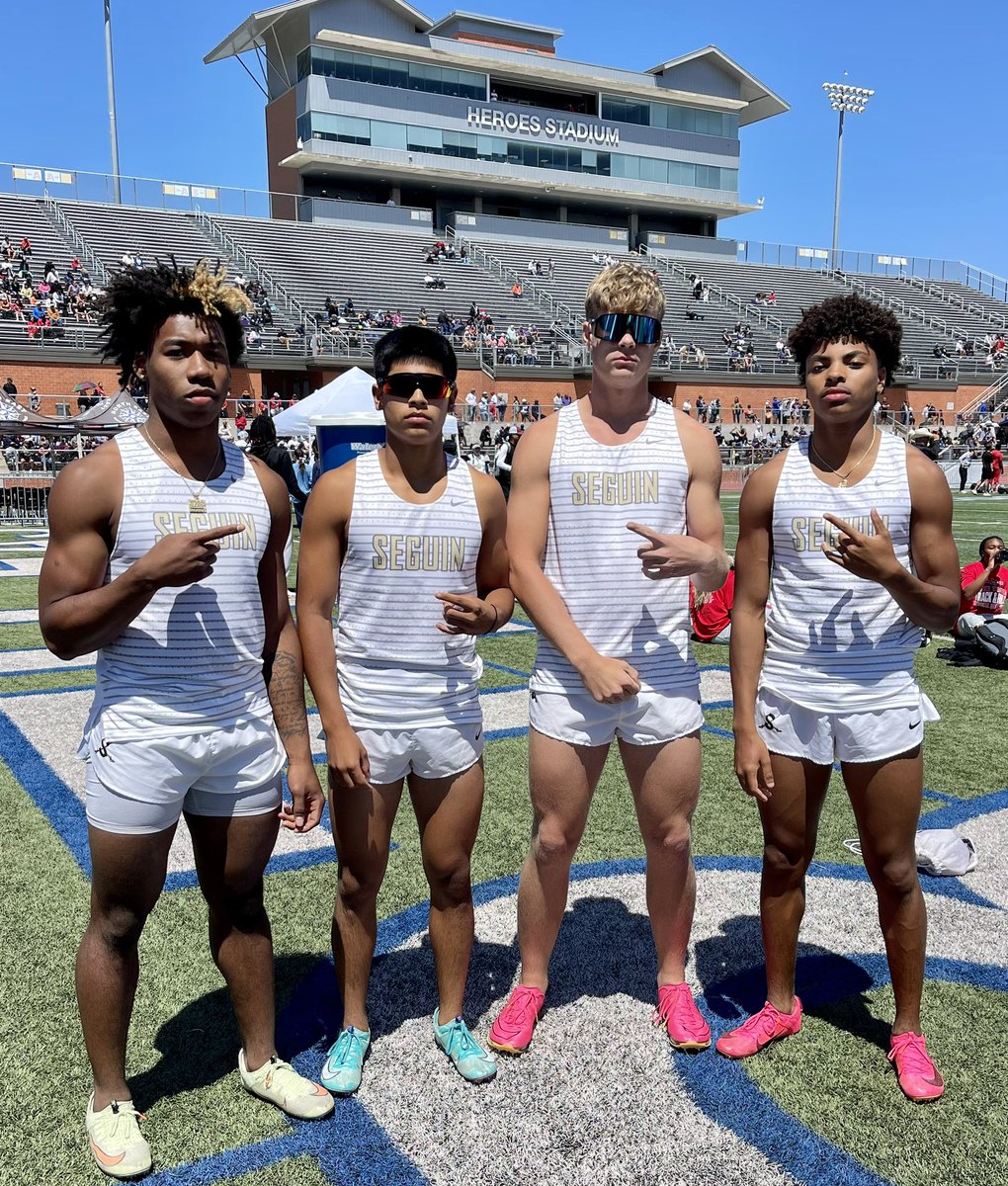 Seguin_Track's tweet photo. 🚨STATE BOUND🚨
Seguin Boys, Devin Matthews, Nik Henry, Ocean Moreno, &amp; Elliot Weaver are STATE BOUND with a 42.09 taking the SILVER MEDAL 🥈#oneheartoneseguin #familyofchampions @SeguinISD @SeguinHSTx @SeguinSportsBC  @kwed @seguingazette @SeguinAthletics https://t.co/oL8exWedyc