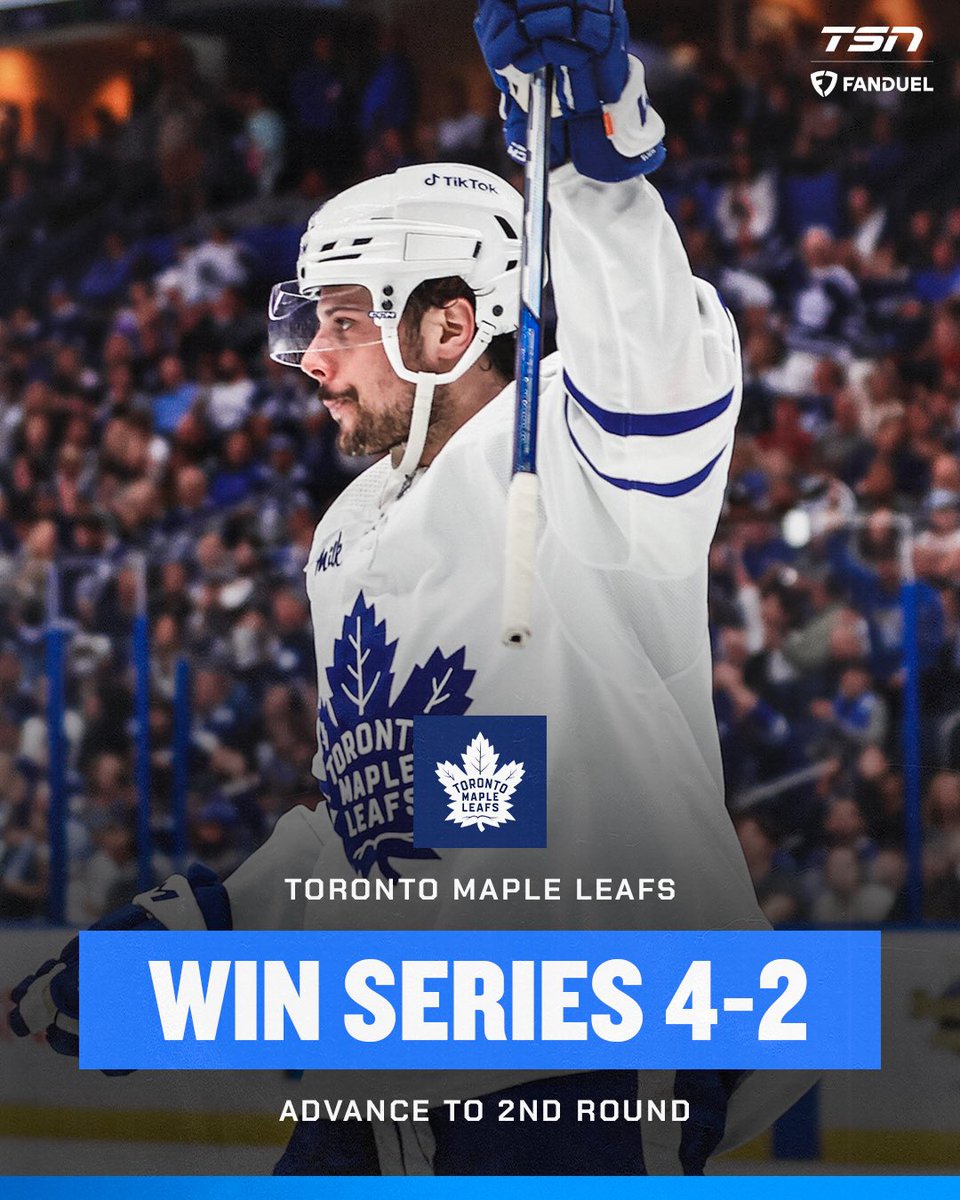 TSN_Edge's tweet photo. THE MAPLE LEAFS ARE MOVING ON!🚨 

Toronto wins a playoff series for the first time since 2004! 🤯 

#StanleyCup️ https://t.co/tgWZVN0ZI1
