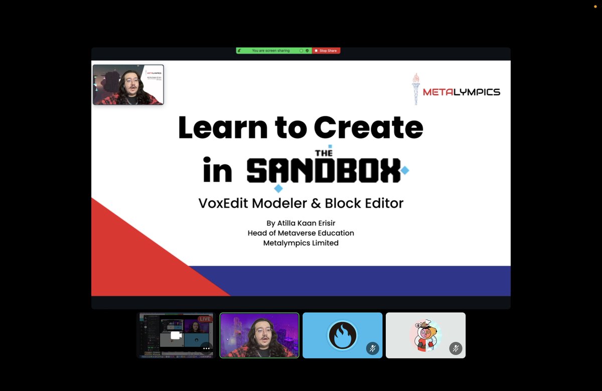 Metalympiad's tweet photo. The 2nd #education session started! Learn @TheSandboxGame in a cohort exclusive for our #NFT holders🙌

Teacher's here. Have a seat!🧑‍🏫🔔 https://t.co/ZJtXOUt9TG