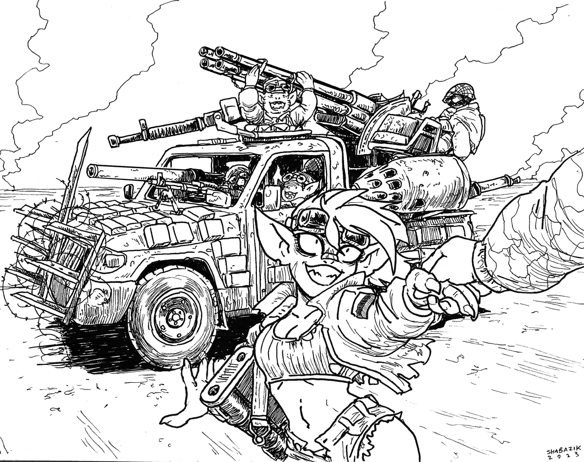shabazik's tweet photo. "There is no time to explain!Get to the #technical!"
"There are always time to ask questions. Like. Is that a air-to-ground missile pod?"
"YES"
"And...Explosive reactive armor bricks?!"
"We were thinking on your Hoo-mie safety!"

#drawing for #gobril2023. Prompt #techie #goblin https://t.co/sD4Ywgy02C