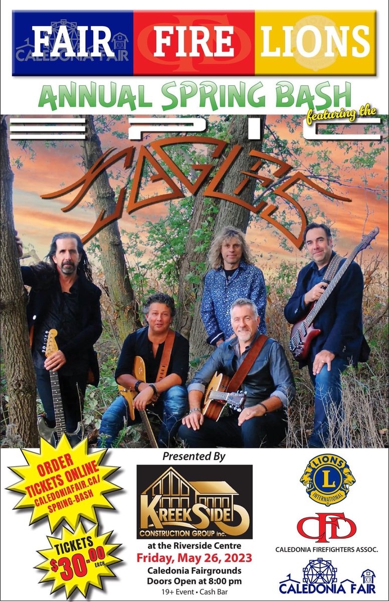 Caledonia_Fair's tweet photo. Get your tickets NOW! Enjoy the music of Canada's Premier Eagles cover band- Epic Eagles as they grace the stage at the Riverside Exhibition Centre at the Caledonia Fairgrounds.
https://t.co/fgywtRTGww https://t.co/fqnpPSD0KZ
