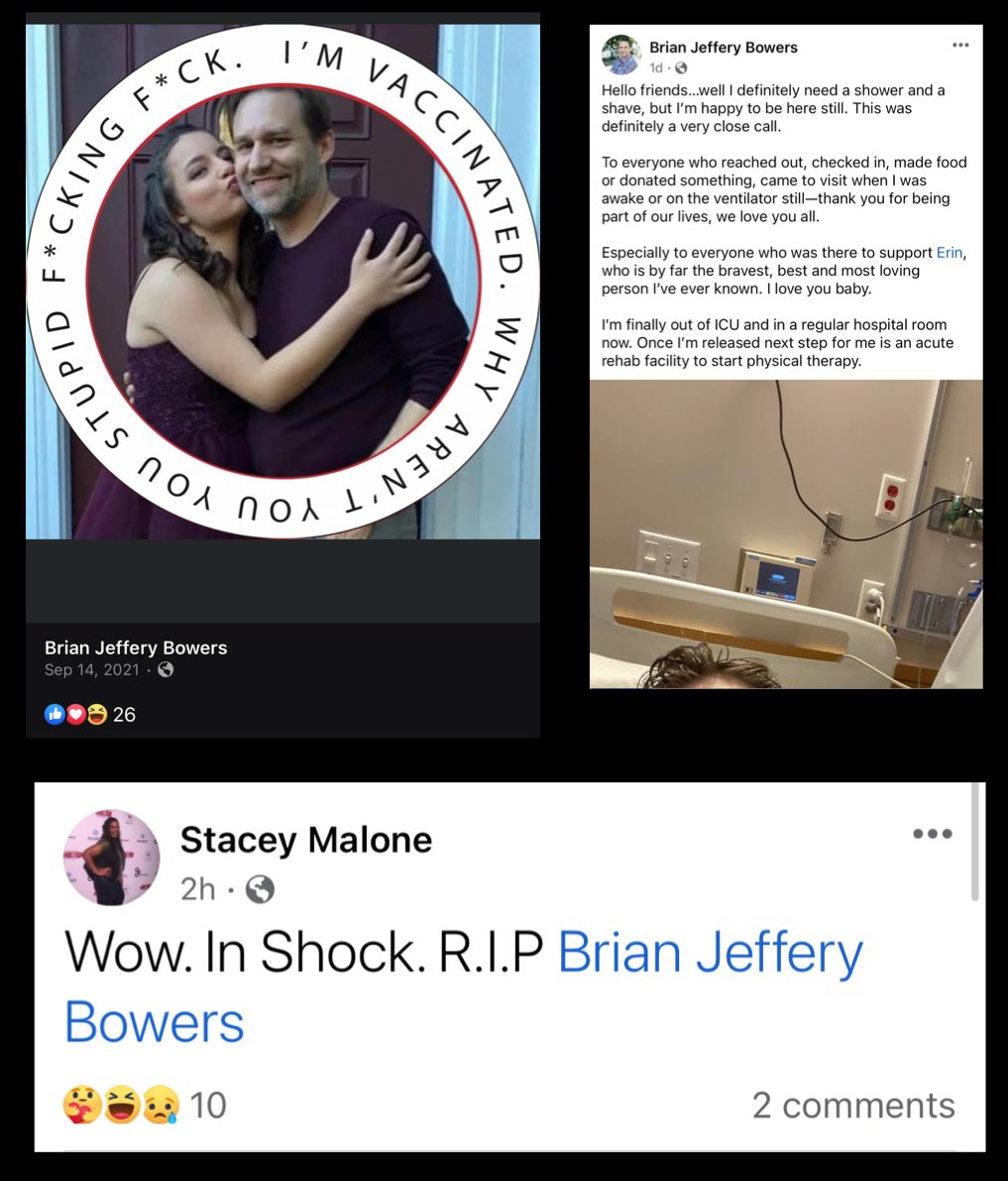 “I’m vaccinated. Why aren’t you, you stupid f*cking f*ck.” 

It’s so ironic when these hateful liberals fall victim to the vaccine that they were pushing on everyone else. 

Rip, Brian Bower. Died suddenly