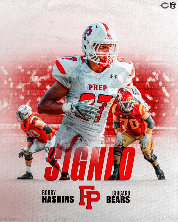 Congratulations to Bobby Haskins ‘17 on signing today 🤝 with the <a href="/ChicagoBears/">Chicago Bears</a>  #cthsfb #AMDG #DaBears #fighton #preppridevictory #hailfairfield  #preptothenfl #uvafootball #usctrojans