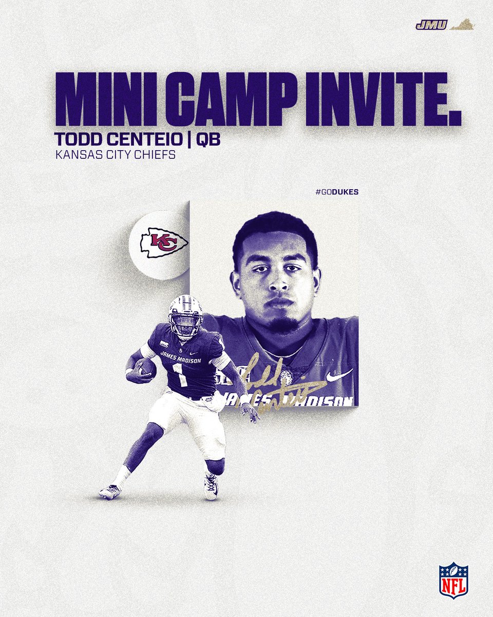 JMUFootball's tweet photo. 𝐑𝐨𝐨𝐤𝐢𝐞 𝐌𝐢𝐧𝐢 𝐂𝐚𝐦𝐩 𝐈𝐧𝐯𝐢𝐭𝐞.

Congrats to @toddycenteio on receiving a mini camp invite with the Super Bowl champion Kansas City Chiefs!

#GoDukes https://t.co/FBjQRWygEI