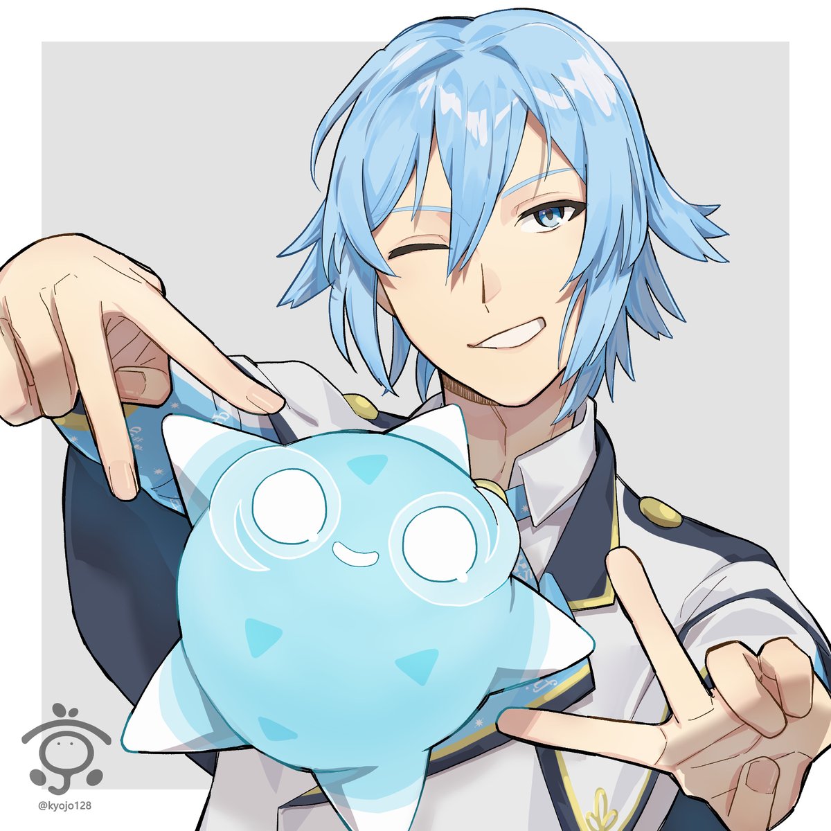 1boy blue hair one eye closed male focus blue eyes smile looking at viewer  illustration images
