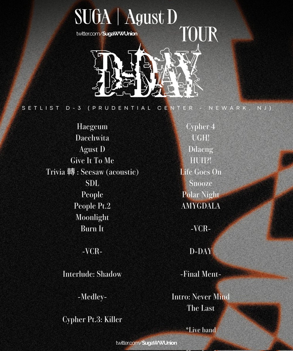 D-DAY TOUR | Setlist D-3 US

Spotify Playlist: open.spotify.com/playlist/1HwdF…

THANK YOU MIN YOONGI
PROUD OF OUR LOTUS FLOWER

D DAY TOUR IN US
#AgustDTourInNewark

#SUGA_AgustD_Tour_in_Newark
#SUGA_AgustD_TOUR
#D_DAY_Tour_D3
#AgustD #SUGA