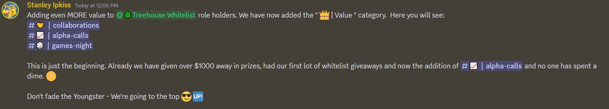 The sheer VALUE for just having a Tree House Whitelist spot is already incredible. 

No one has spent a dime and already we have: 
- Given away over $1000 in prizes 
- Collaborated and brought Whitelists 
- Alpha calls. 

Don't fade the Youngster 🫡