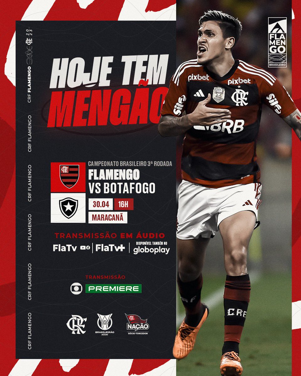 Flamengo's tweet image. HOJE TEM MENGÃO NO BRASILEIRÃO! 

Às 16h, o Mais Querido enfrenta o Botafogo, no Maracanã! Vamos com tudo em busca dos três pontos! 

#FLAxBOT #VamosFlamengo