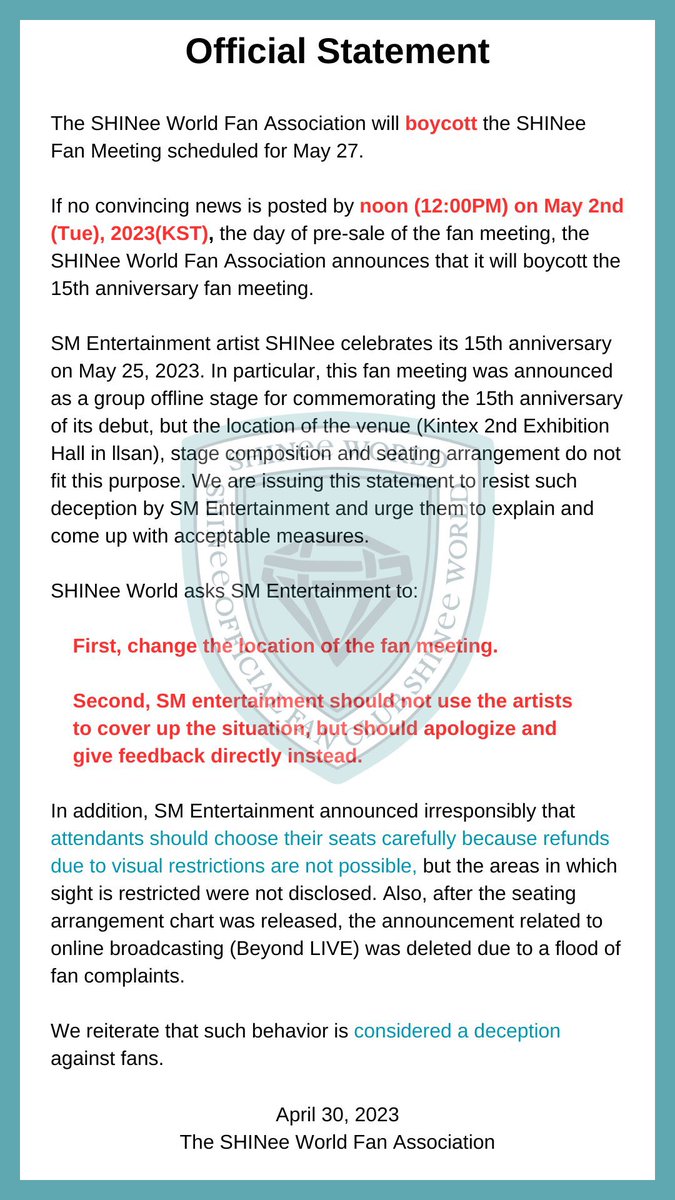 샤이니 15주년 팬미팅 실트 총공 (@sm_bullies_sw) on Twitter photo 🚨실트 총공 시작해주세요🚨
#전좌석_시야제한_샤이니팬미팅
#SM_샤이니팬미팅_장소변경해
아티스트 방패로 세우지 말고 SM이 직접 피드백하세요.
✅️메일
protect@smtown.com
smtownsupport@smtowm.com
✅️팩스
02-6240-9590
02-6240-9559
02-6442-3400
02-6442-5600
<a href="/SMTOWNGLOBAL/">SMTOWN</a> <a href="/SHINee/">SHINee</a> 🚨실트 총공 시작해주세요🚨
#전좌석_시야제한_샤이니팬미팅
#SM_샤이니팬미팅_장소변경해
아티스트 방패로 세우지 말고 SM이 직접 피드백하세요.
✅️메일
protect@smtown.com
smtownsupport@smtowm.com
✅️팩스
02-6240-9590
02-6240-9559
02-6442-3400
02-6442-5600
<a href="/SMTOWNGLOBAL/">SMTOWN</a> <a href="/SHINee/">SHINee</a>