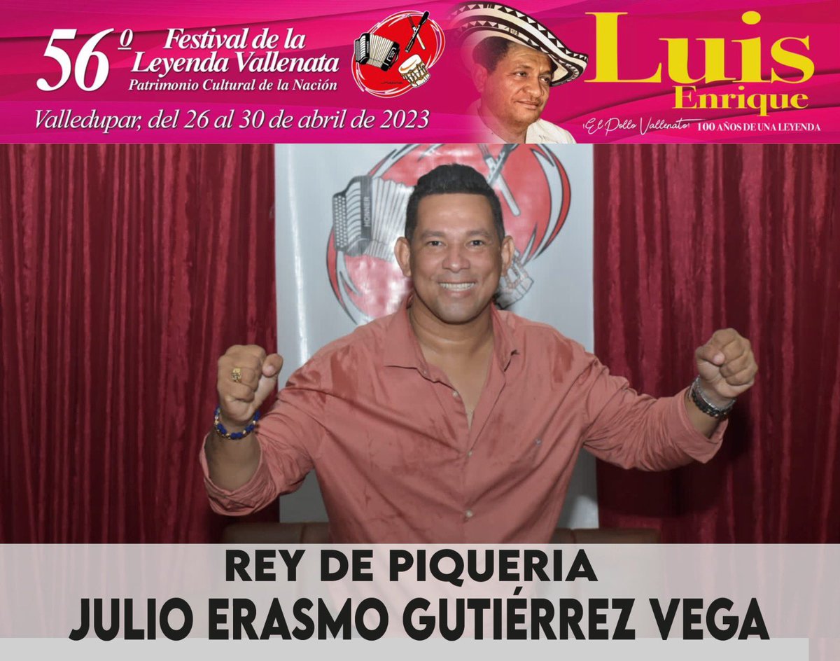 Julio Erasmo Gutiérrez Vega es el nuevo rey de la Piqueria Mayor en la version 56 del Festival de la Leyenda Vallenata. 
En segundo lugar se destaca Ángel María González Valdelamar y el tercer lugar lo ocupa Dilson Gabriel Hernández Arrieta 

¡Felicidades al ganador!
 <a href="/mincultura/">MinCultura Colombia</a>