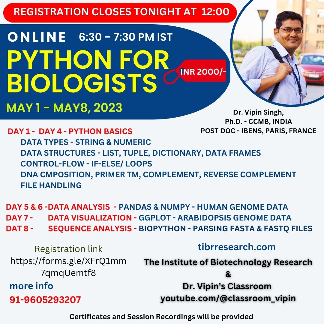#Python_for_Biologists - Register here - lnkd.in/dUZaWfkw - INR 2000/-
Specially designed for beginners with no prior coding experience 
#DiscoverYourself #biotech #Bioinformatics #python 
#india