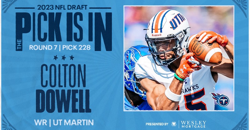 Titans's tweet photo. "We'd always try and get up there on the summer when they're going through training camp. It was cool to see the inside. I definitely envisioned myself playing there, and putting on that two-tone blue."

#Titans Select UT-Martin WR Colton Dowell in the Seventh Round of NFL Draft