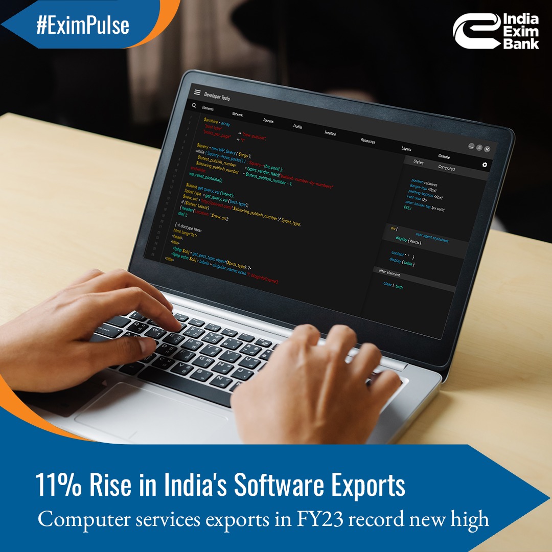 IndiaEximBank's tweet photo. In FY23, our software exports reached an all-time high of $320 billion, resulting in a significant increase of 11% in its share of global computer services exports. https://t.co/5Ebgccirz4