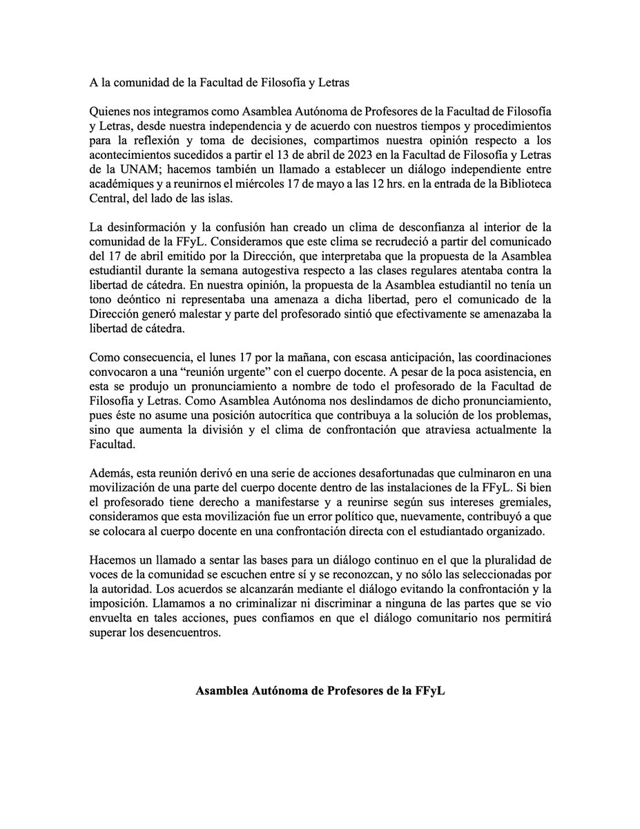 profesfilos's tweet photo. Pronunciamiento de la Asamblea Autónoma de Profesores de la FFyL https://t.co/D3OCFqcZE4