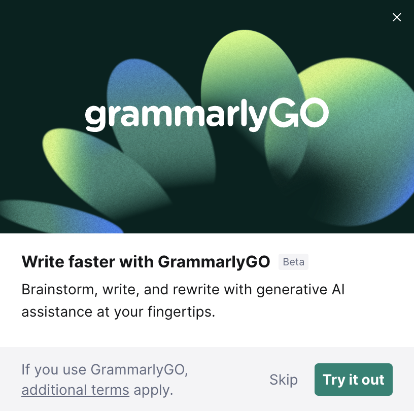 andrewsalamon2's tweet image. I was editing a report with Grammarly just now and got this pop-up. It is crazy seeing every single company implementing AI into their core offerings. This is an exciting yet scary time to be alive, haha. 👀

#GrammarlyGO