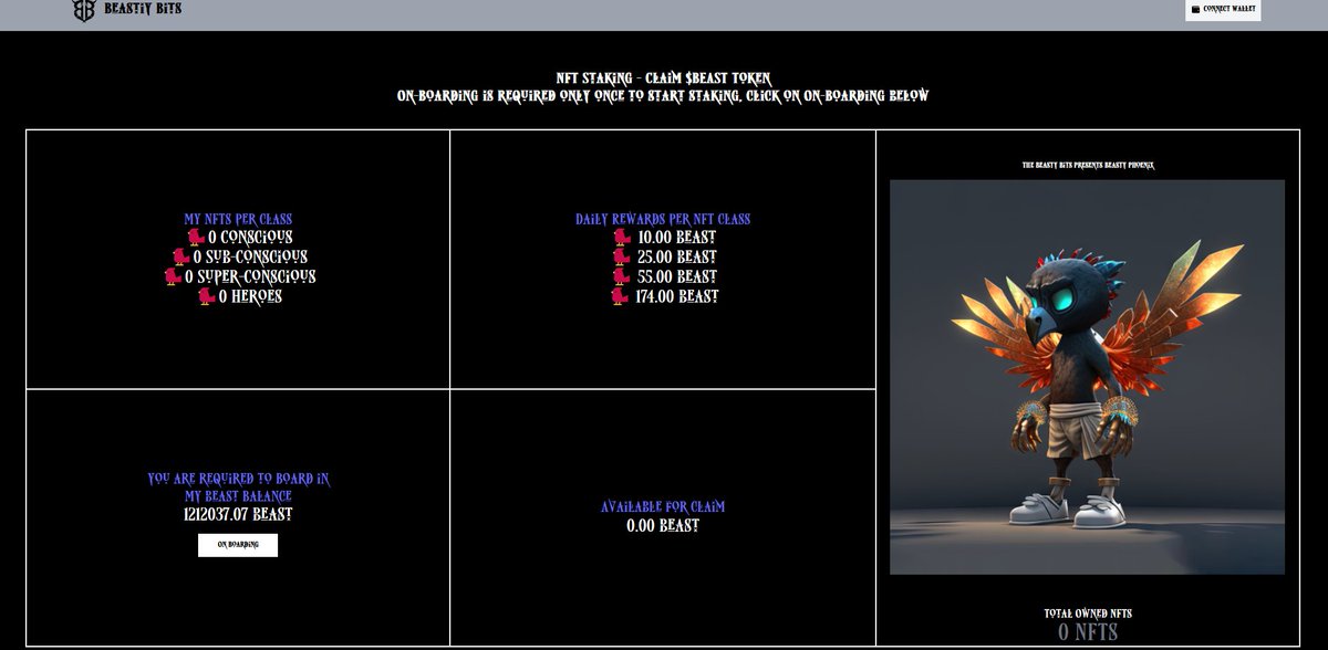 ⌛️Beasty Phoenix #NFT in-wallet staking LIVE:

👉🏻app.beastybits.com

🐦To get Staking started for your #NFTs, you are required to do On-Boarding on our staking dApp.

after check-in refresh pages to start earning $BEAST

Mint -> Stake -> Earn

#FLR #SGB #XRP #PassiveIncome