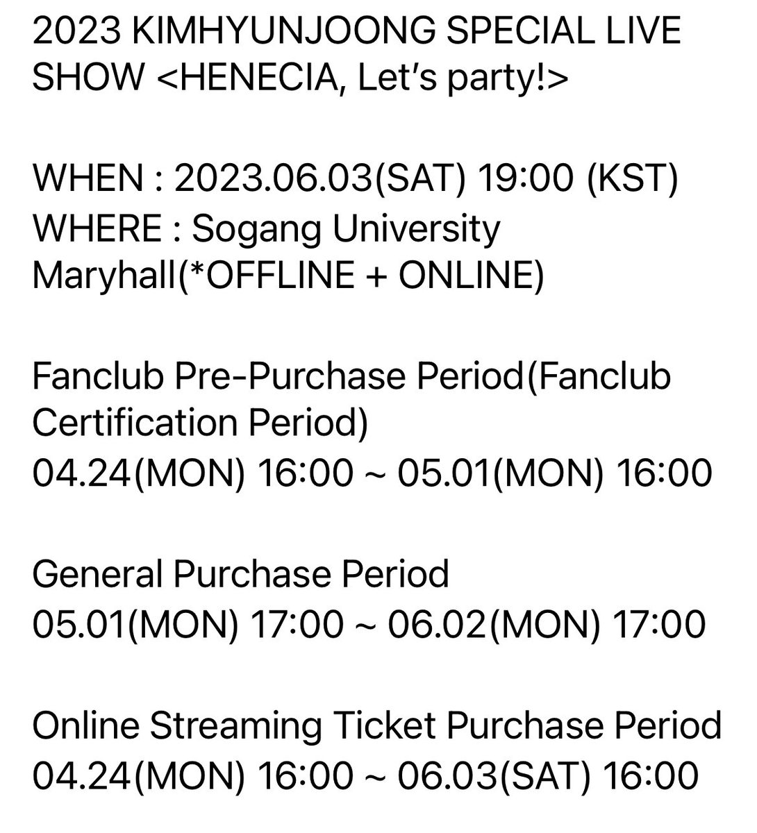 Princessmich123's tweet photo. 🥳 Let’s celebrate Hyunjoong’s birthday &amp; have a fun time by joining in the 2023 #KimHyunJoong Special Live Show ‘HENECIA, Let’s Party’ on 3Jun2023 7PM KST @ Sogang Uni MaryHall

🎫 Both Offline &amp; Online ticket sales have started. Get your ticket now!
#김현중 
#キム・ヒョンジュン https://t.co/fKrX5rwWkG
