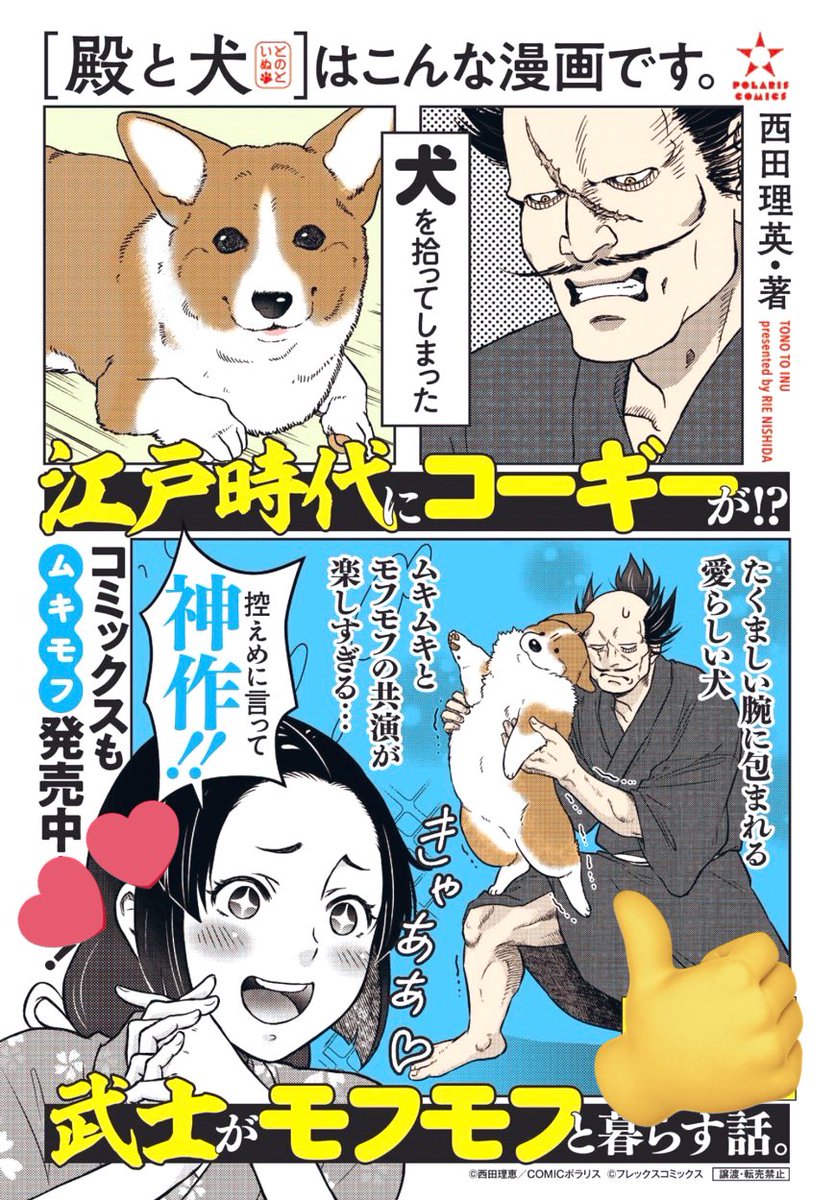 ポストカードサイズの POPのご用意もあります🐾  👇こちらはエスブックからDLもできますので使ってくださると幸いです(書店さま専用ページです)  #殿と犬 #コミックス2巻5月15日発売