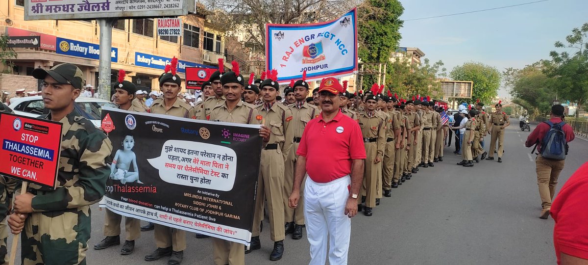 NCCDteRajasthan's tweet photo. *Thalassemia Awareness Rally.* OC 1 Raj Engr along with 215 cadets, 3 JCO &amp;  7 ANOs participated in the Rally organised by the Rotary Club at Jodhpur. Mr Rajender Gahlot, Rajya sabha MP &amp; Kunti Deora, Mayor jodhpur flagged off the rally. @HQ_DG_NCC @Lalit_DDGRajNCC @DDNewslive https://t.co/83GUMk7dOP