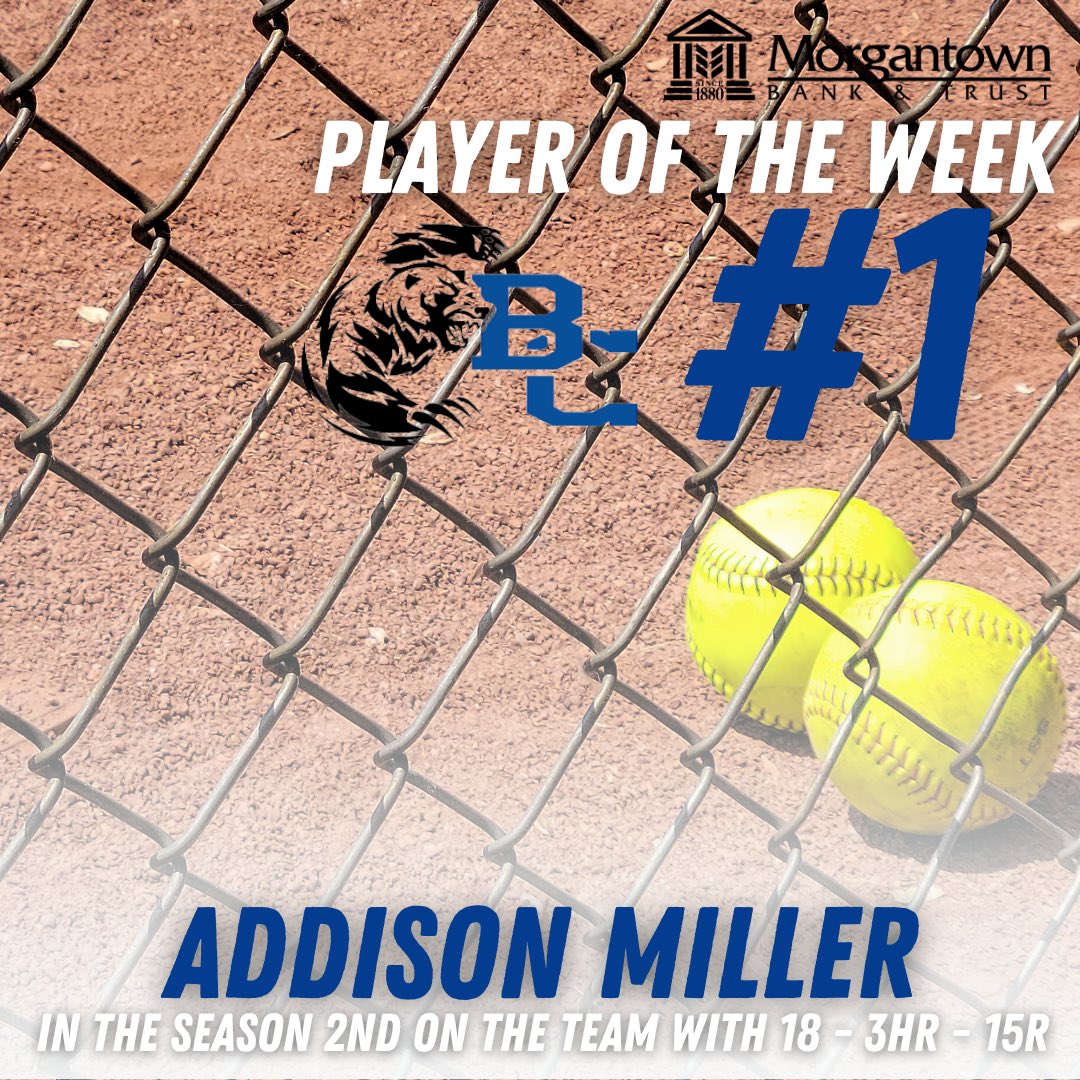 Your Morgantown Bank &amp; Trust Player of the Week is Softball Player Addison Miller from Butler Co! Congrats! 🥎
