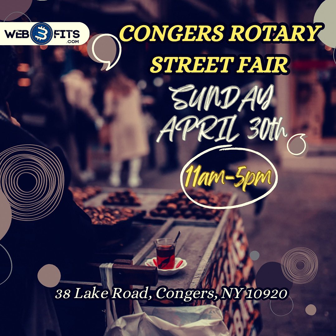 This Sunday!! Join us at our booth at the Congers Rotary Street Fair. We're spreading the word about crypto and showcasing what Web3 is all about. Hope to see you there!